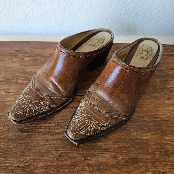 Charlie Horse Vintage Brown Western Cowboy Mule Open Heel Slide Boots Size 6B - Picture 1 of 7